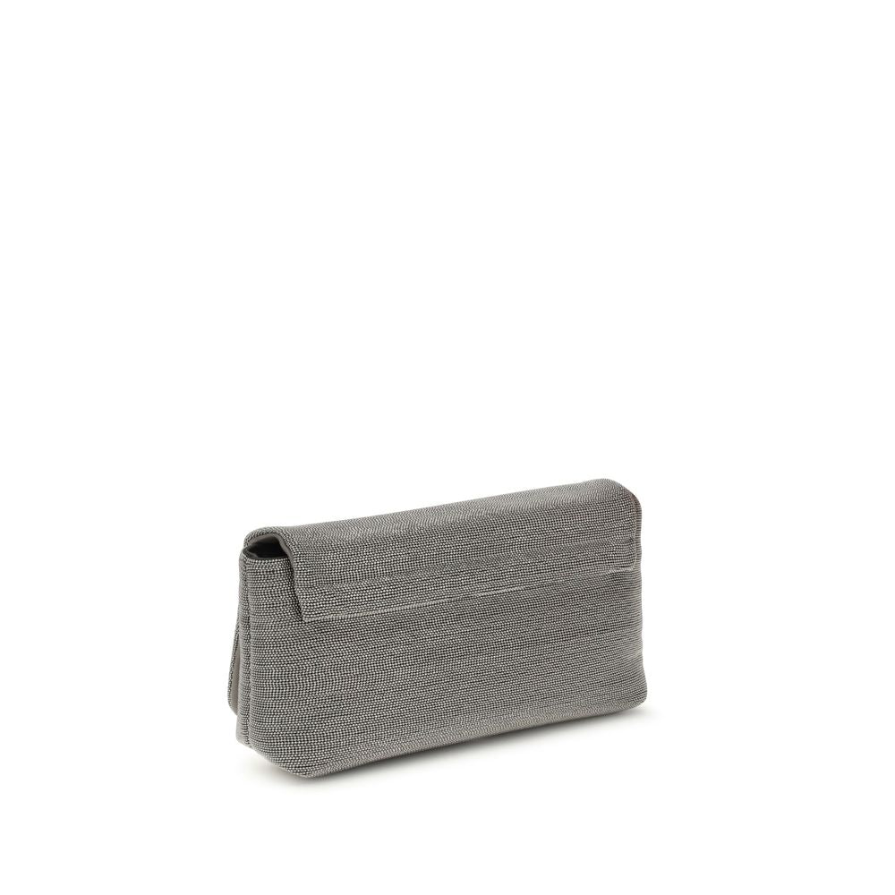 Brunello Cucinelli Gray Leather Shoulder Bag with flap closure and adjustable strap on white background.