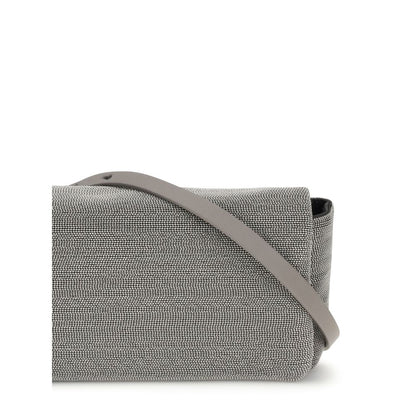 Brunello Cucinelli Gray Leather Shoulder Bag with flap closure and adjustable strap, showcasing elegant craftsmanship and style.