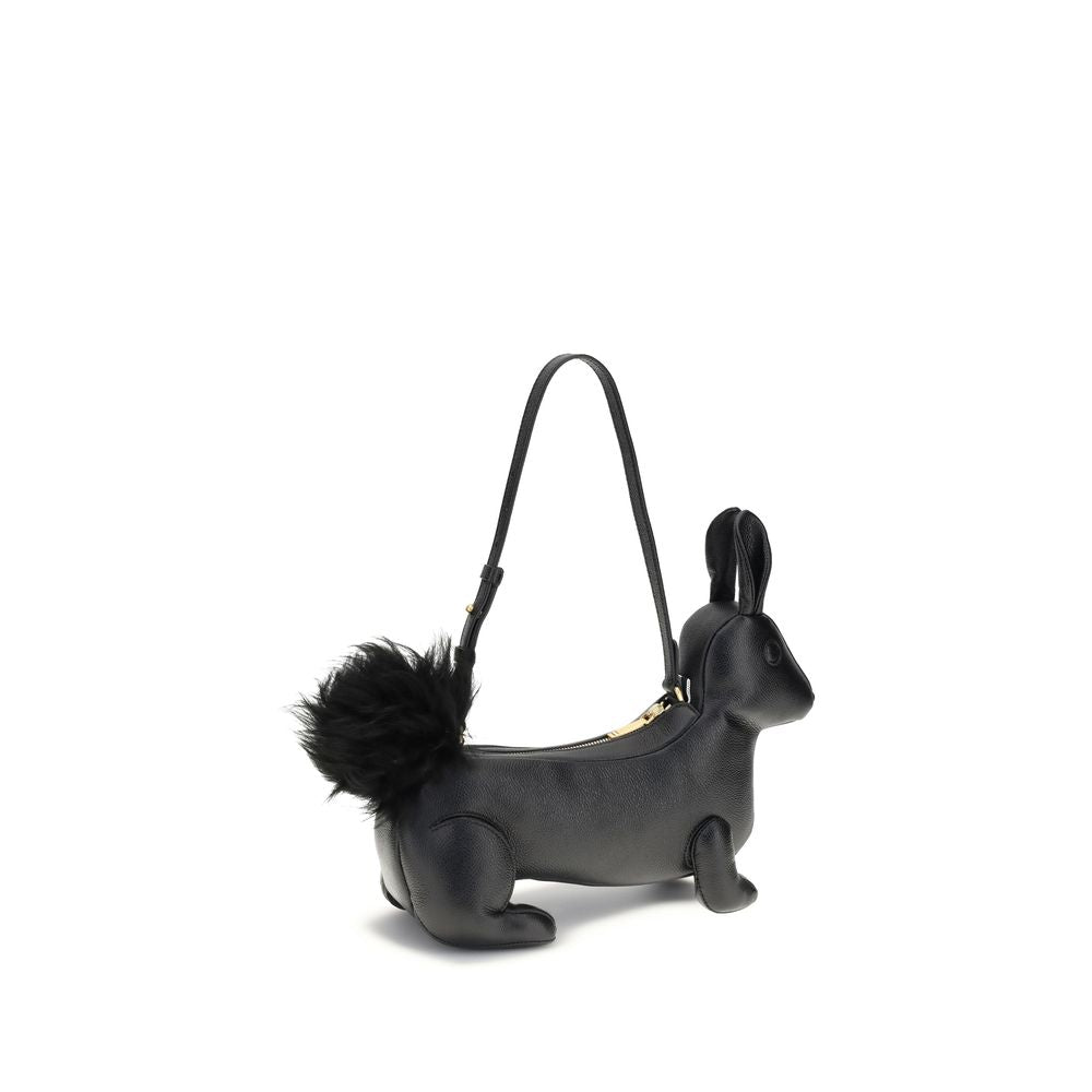 Thom Browne Black Calf Leather Bos Taurus Shoulder Bag with rabbit shape and fur tail, brass zipper, adjustable strap.