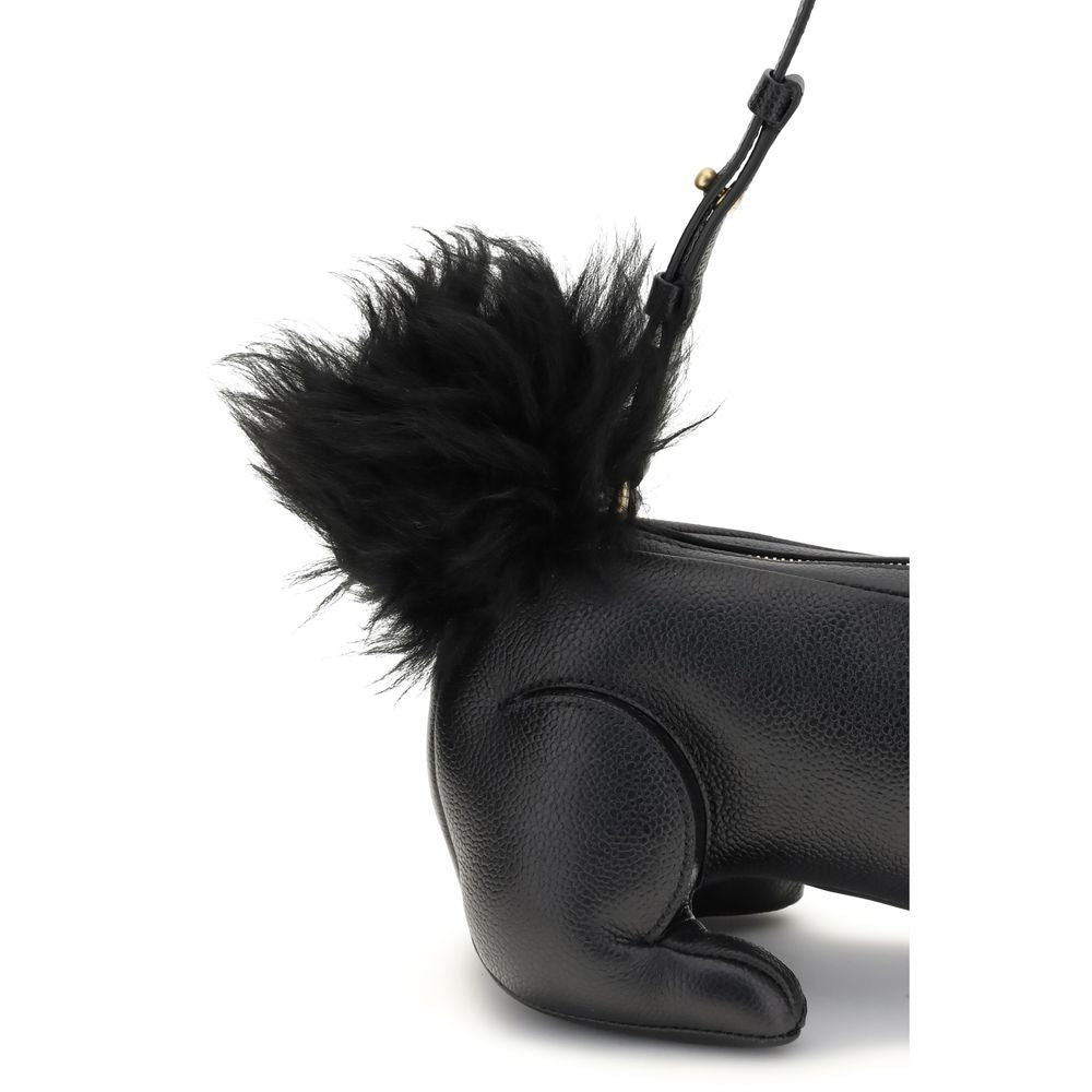 Thom Browne Black Calf Leather Bos Taurus Shoulder Bag with rabbit shape and fur tail, brass zipper, adjustable strap.