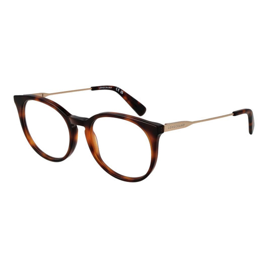 Longchamp Brown Women Glasses Frame in full-rim metal with demo lenses, panto style, includes branded case, size 51-18-140.