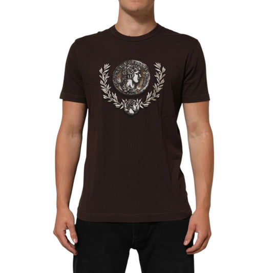 Dolce & Gabbana Brown Coin Laurel Print Men Crew Neck T-shirt front view