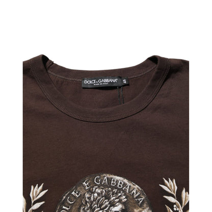 Dolce & Gabbana Brown Coin Laurel Print Men Crew Neck T-shirt