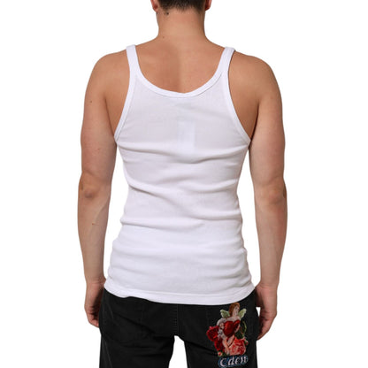 Dolce & Gabbana White Sleeveless Round Neck Tank Top T-shirt, back view, featuring logo details, made of 100% cotton.