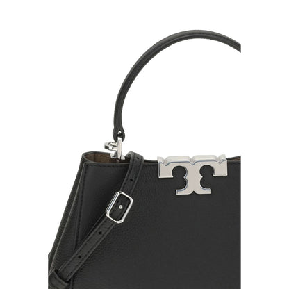 Tory Burch Black Calf Leather Bos Taurus Handbag with leather top handle and adjustable strap detail on Eleanor Mini Satchel.