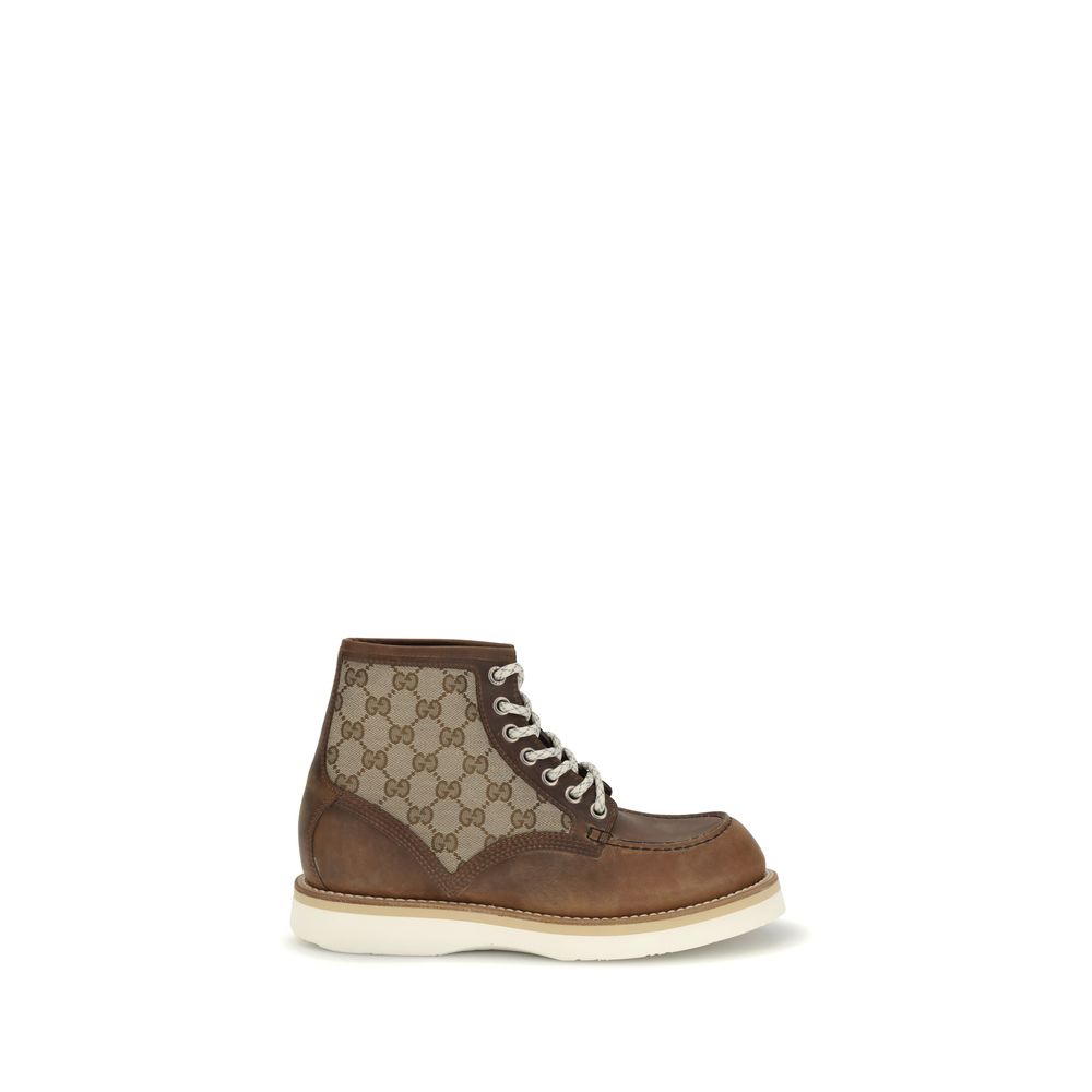 Gucci Brown Leather Lace-Up Boots with GG fabric, Goodyear construction for durability and style. AW25 collection.