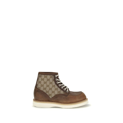 Gucci Brown Leather Lace-Up Boots with GG fabric, Goodyear construction for durability and style. AW25 collection.