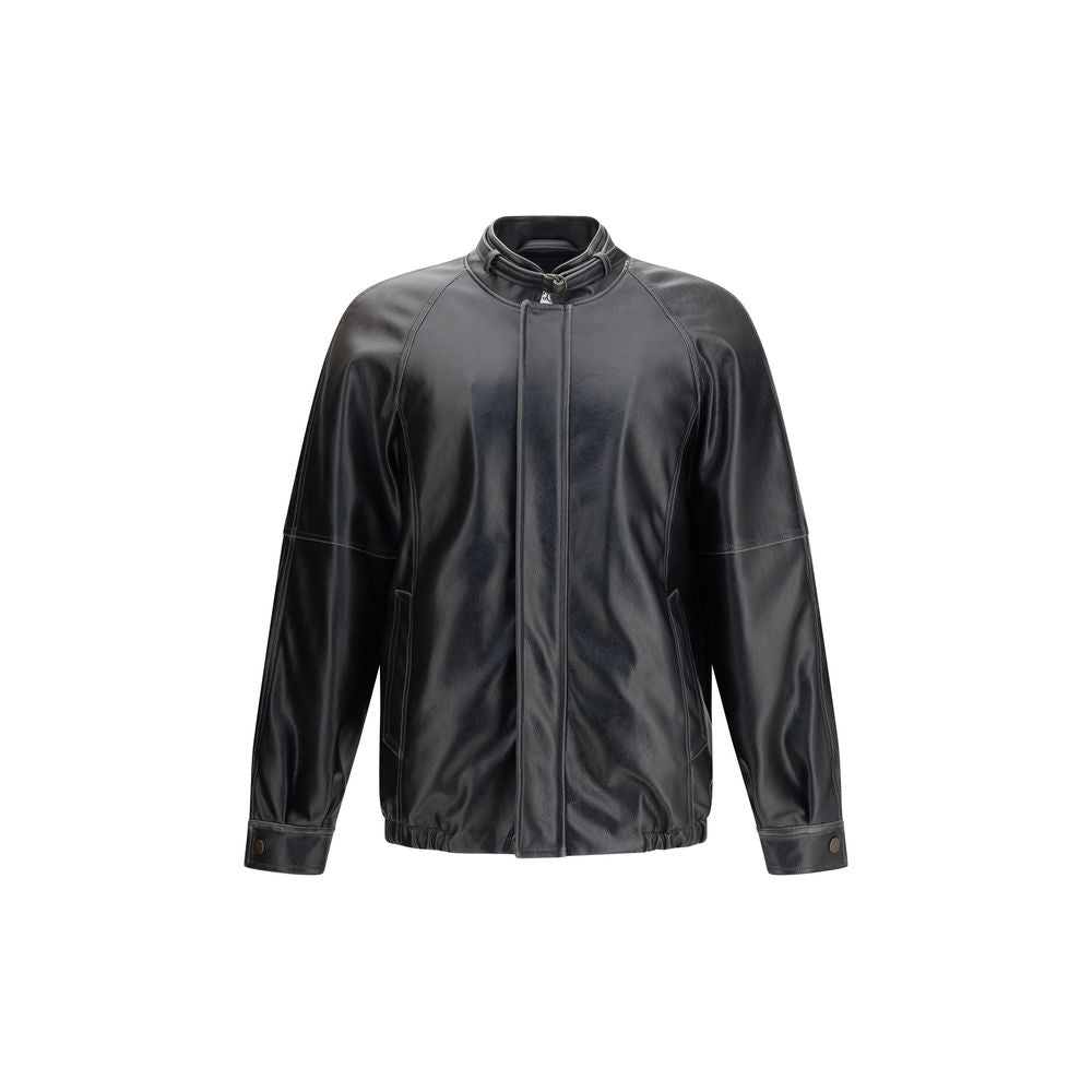 MM6 Black Polyester Bomber with stand collar and buckle, featuring tone-on-tone stitching and signature white stitch line at the back.