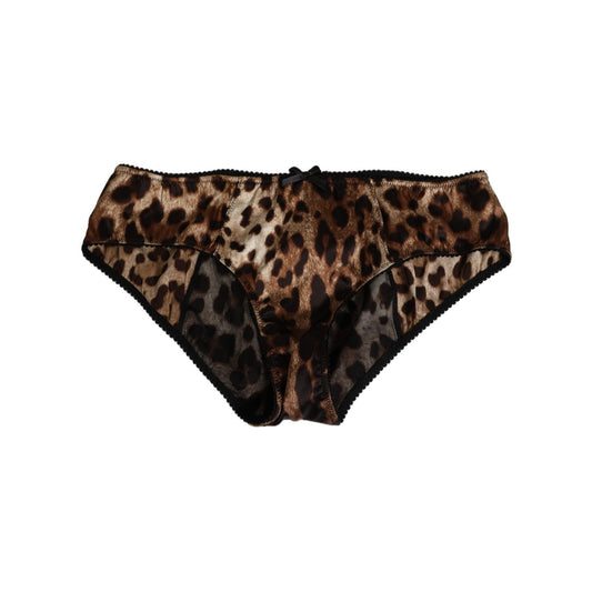 Dolce & Gabbana Brown Leopard Silk Mid Waist Panty Underwear with black trim, featuring signature animal print design.