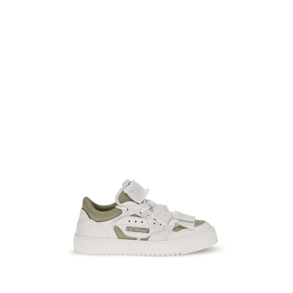 Side view of Off-White White Leather Low Top Sneakers with olive accents and perforated details.