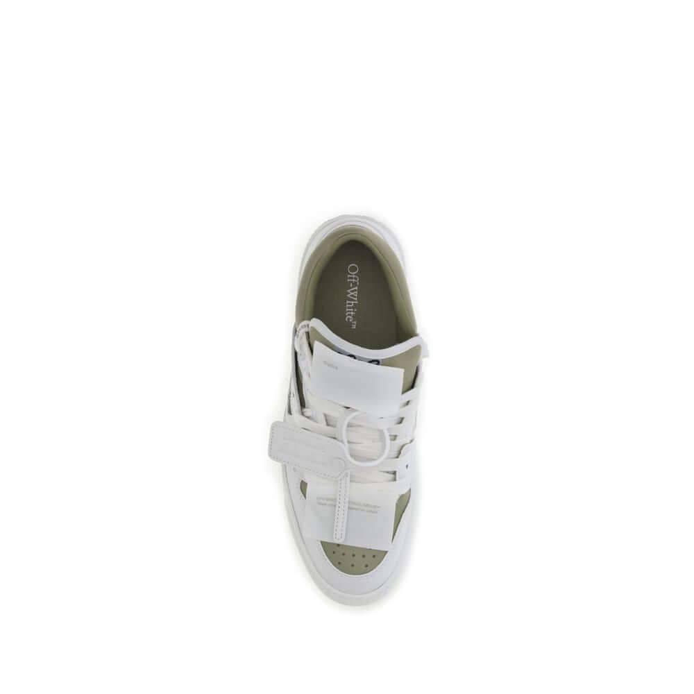 Top view of Off-White White Leather Low Top Sneakers showcasing perforated detailing and branded tag.