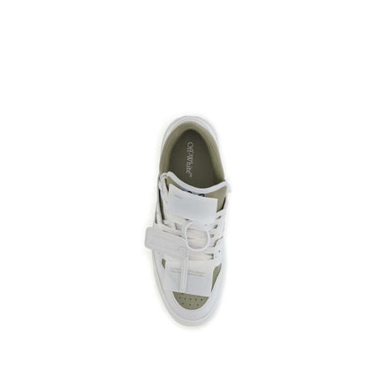 Top view of Off-White White Leather Low Top Sneakers showcasing perforated detailing and branded tag.