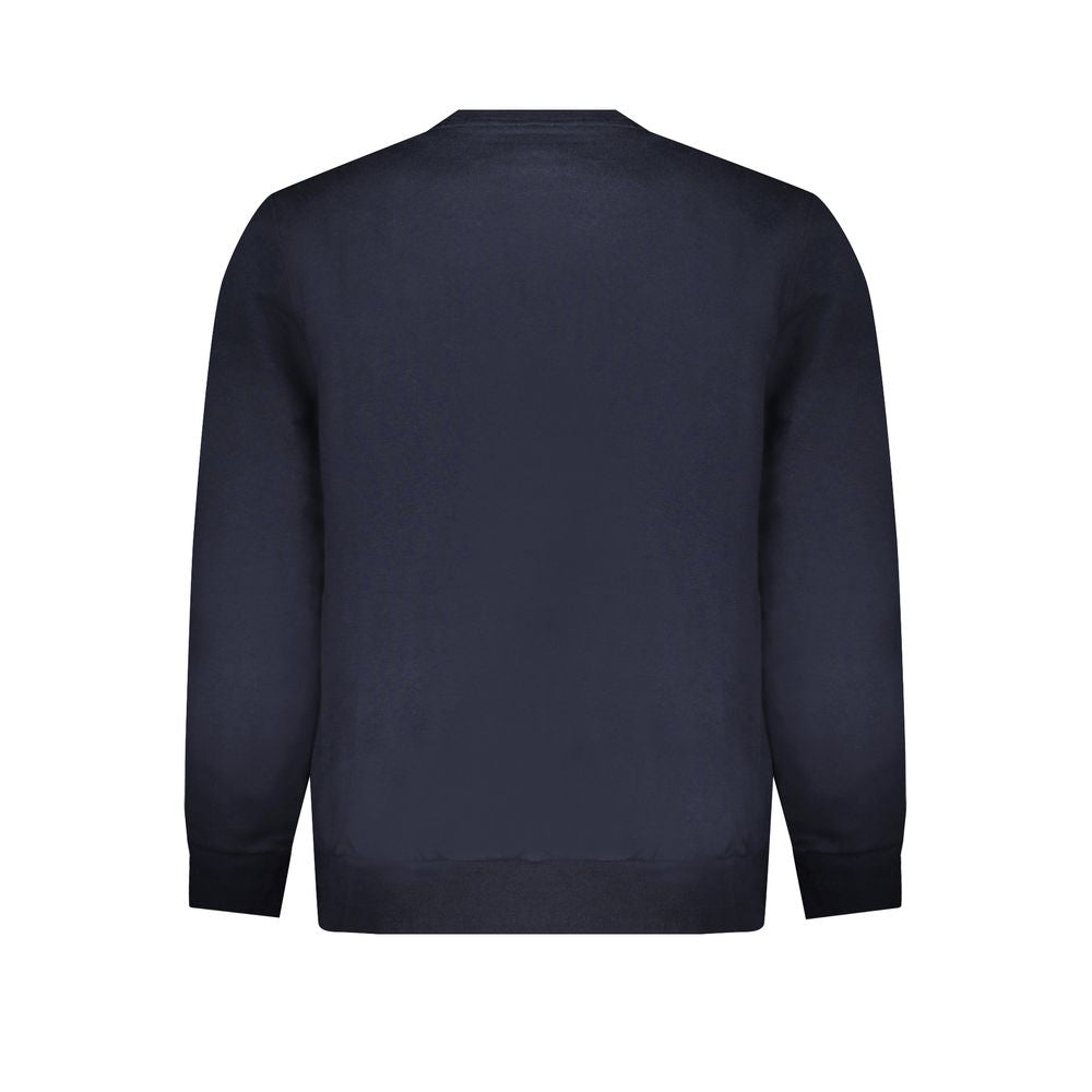 Rear view of Timberland Blue Cotton Sweater with crew neck design made from 100% organic cotton, long-sleeved and featuring a logo.