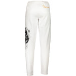 Cavalli Class White Cotton Pant, sports trousers with elastic waist, laces, 2 pockets, and print logo, back view.