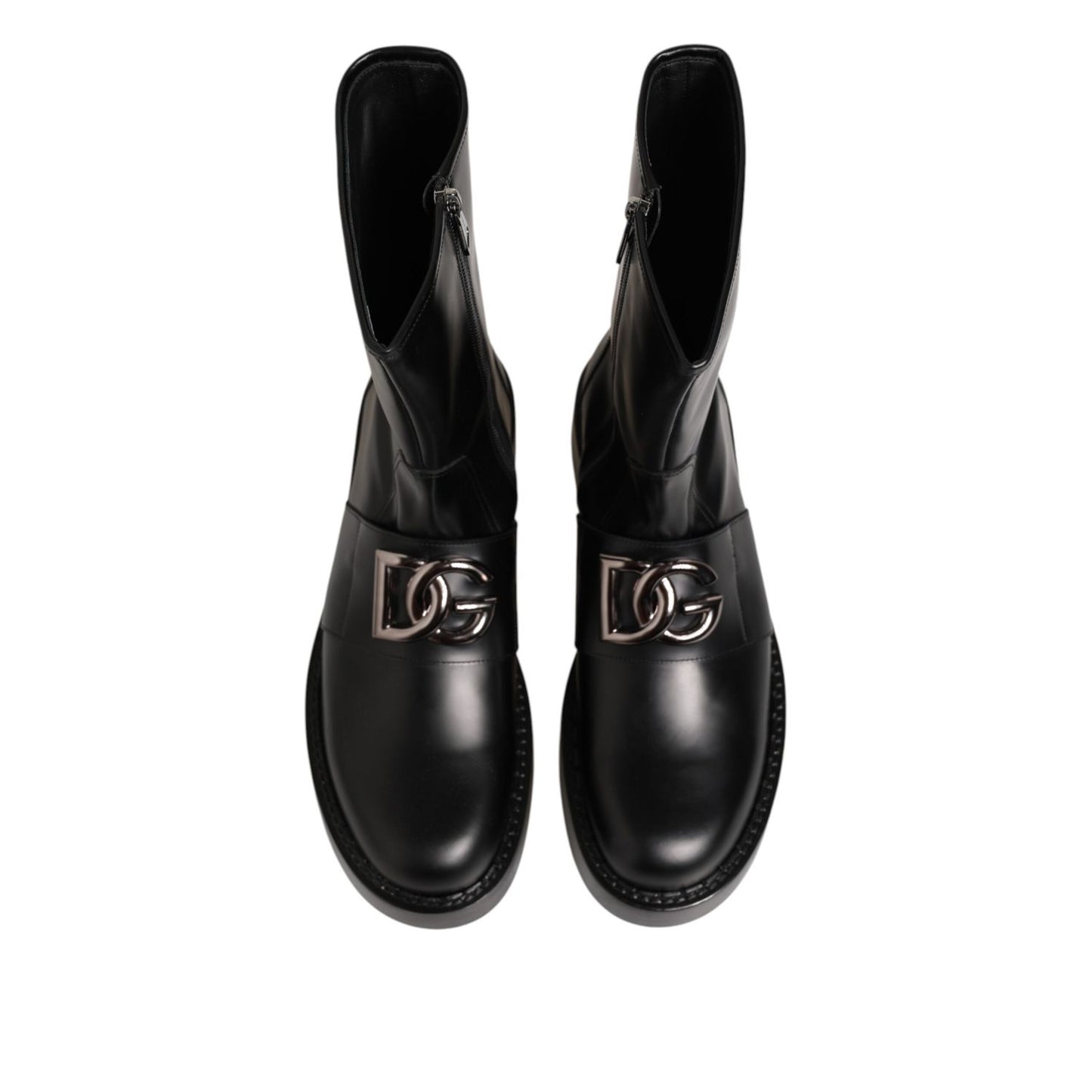 Dolce & Gabbana Black Logo Plaque Mid Calf Biker Boots Shoes