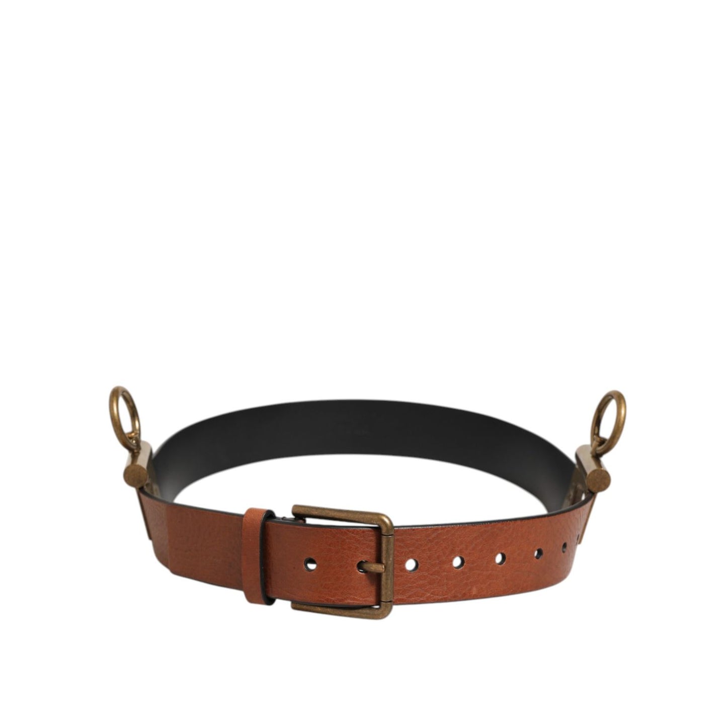 Dolce & Gabbana Brown Leather Side Rings Brass Buckle Belt
