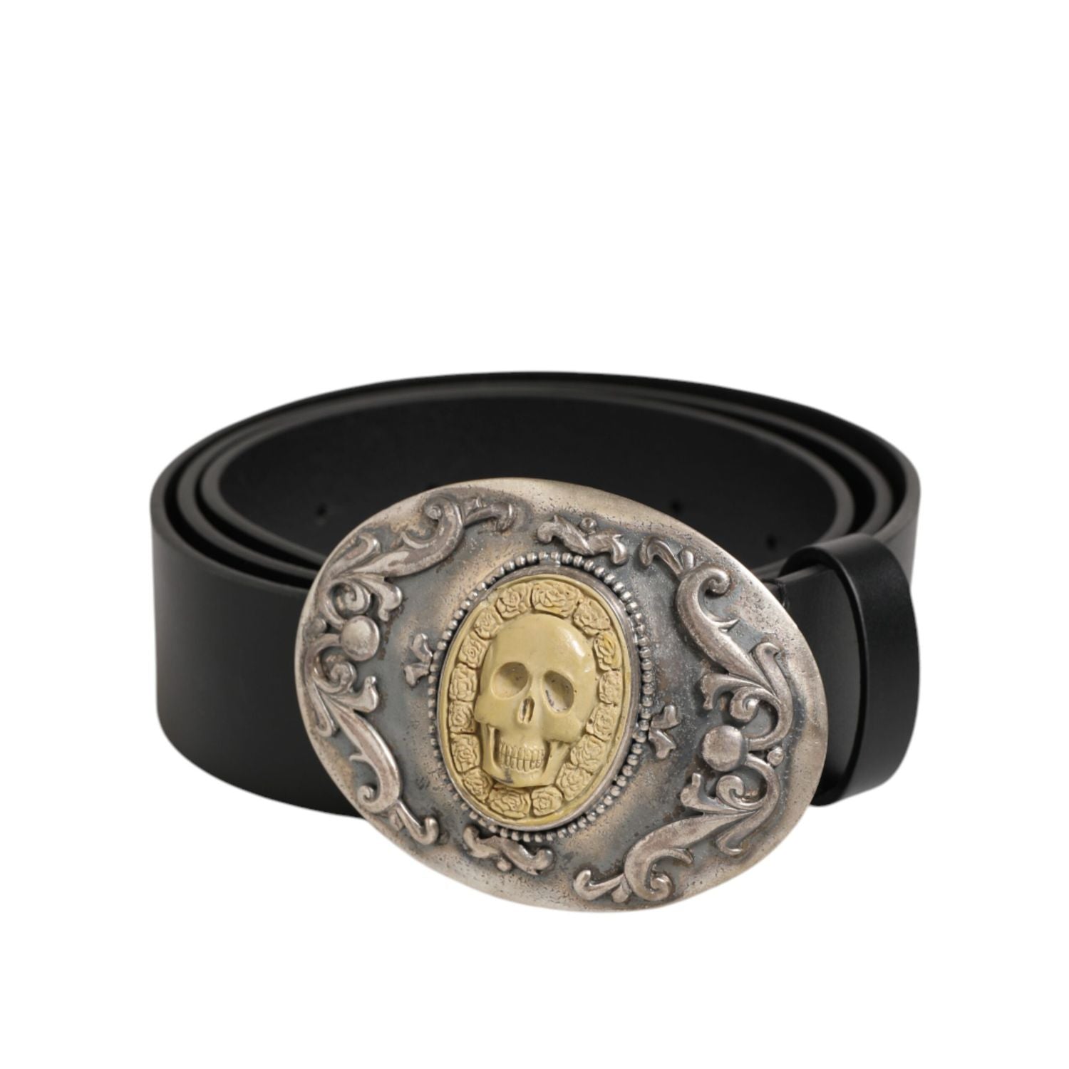 Dolce & Gabbana Black Leather Ornate Metal Buckle Men Belt