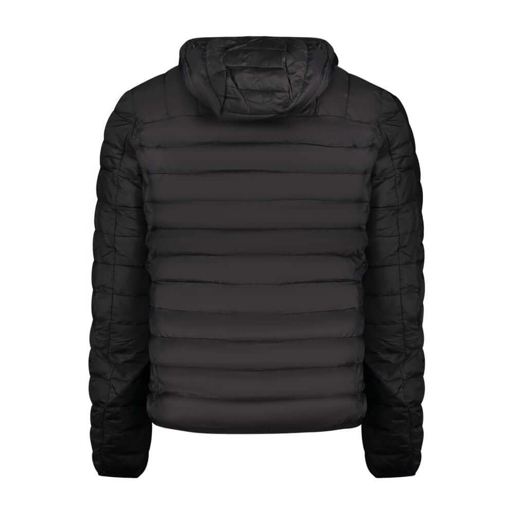 Back view of Cavalli Class Black Polyester Men Jacket with removable hood, showcasing sleek design and functional pockets.