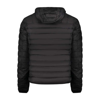 Back view of Cavalli Class Black Polyester Men Jacket with removable hood, showcasing sleek design and functional pockets.