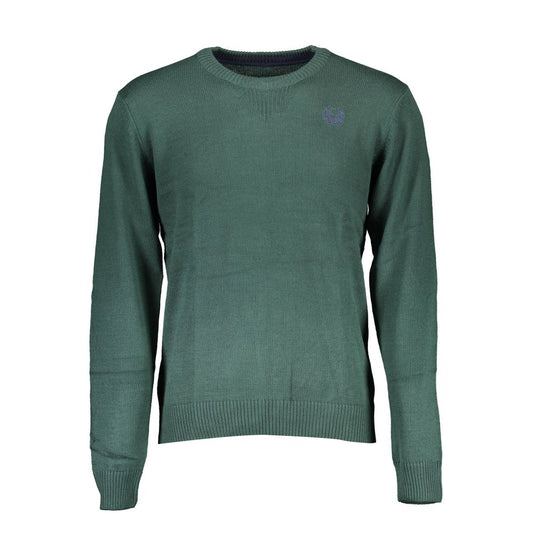 Gianmarco Venturi Green Cotton Sweater, long-sleeved crew-neck with embroidery and contrasting details.
