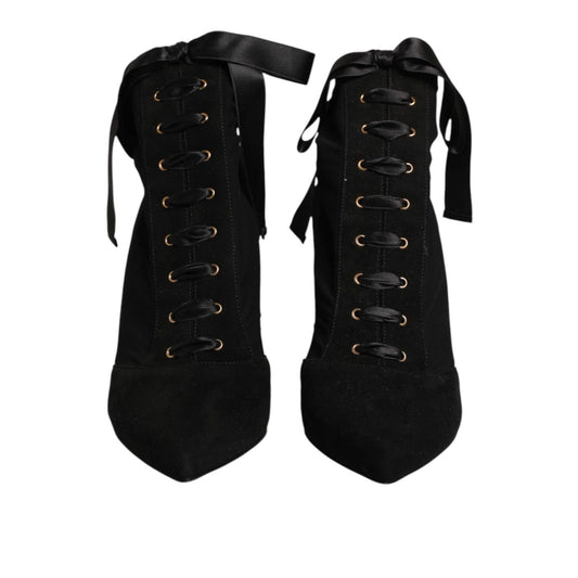 Dolce & Gabbana Black Stiletto Heels Lace Up Boots Shoes