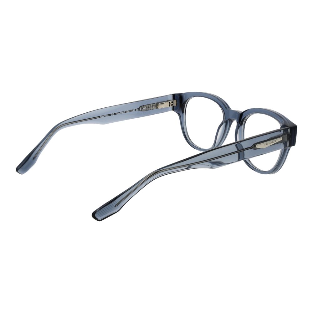Trussardi Blue Acetate Glasses (Frames) for men in full-rim style with blue acetate frame and demo lenses, side view.