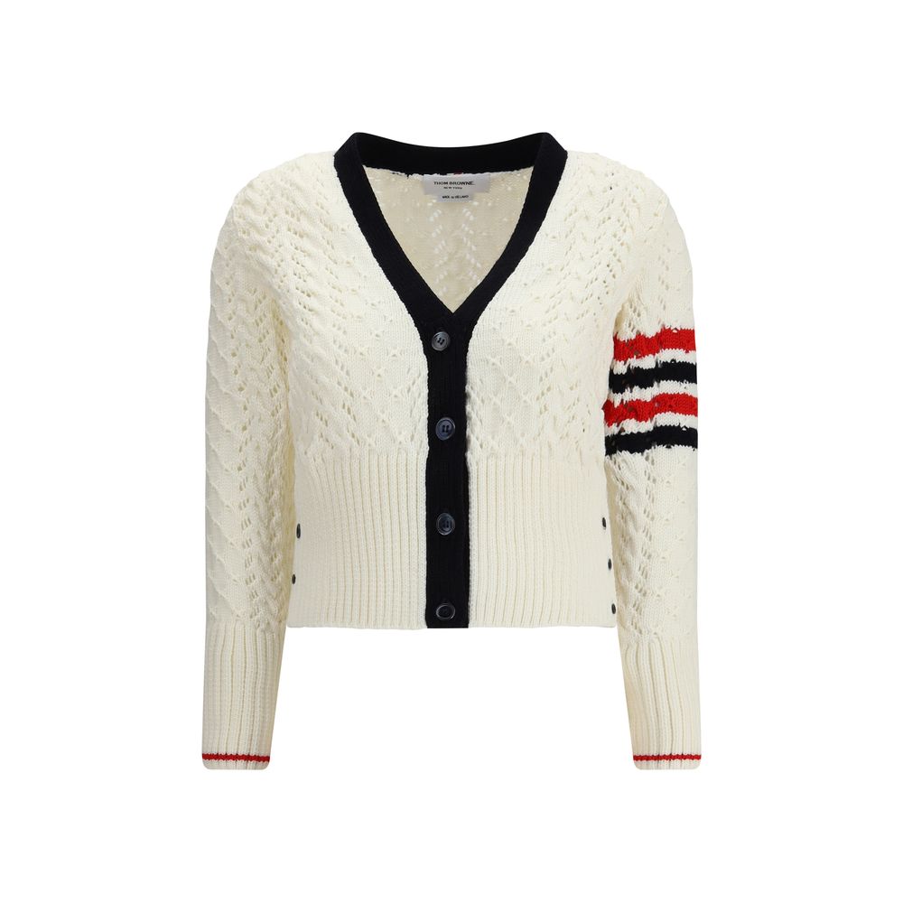 Thom Browne White Fleece Wool Cardigan with V-neck, textured weave, openwork stitching, signature stripe, button fastening, ribbed trims.
