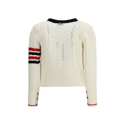Back view of Thom Browne White Fleece Wool Cardigan showcasing signature stripe and textured knit pattern.