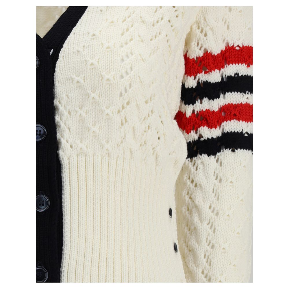 Close-up of Thom Browne White Fleece Wool Cardigan with textured weave and stripe accent