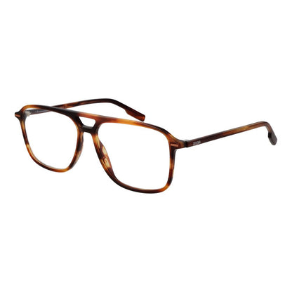 Ermenegildo Zegna Brown Acetate Glasses (Frames) - Men's full-rim aviator style with demo lenses, 57mm width, branded case included.