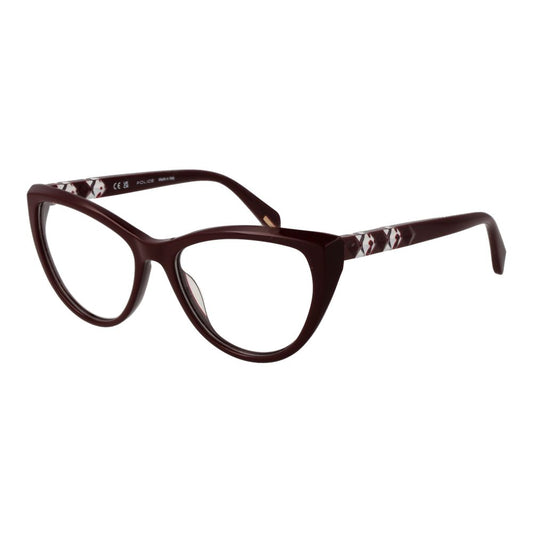 Police Burgundy Plastic Glasses (Frames) for women with full-rim cat eye style, includes branded case, size 53-16-140.