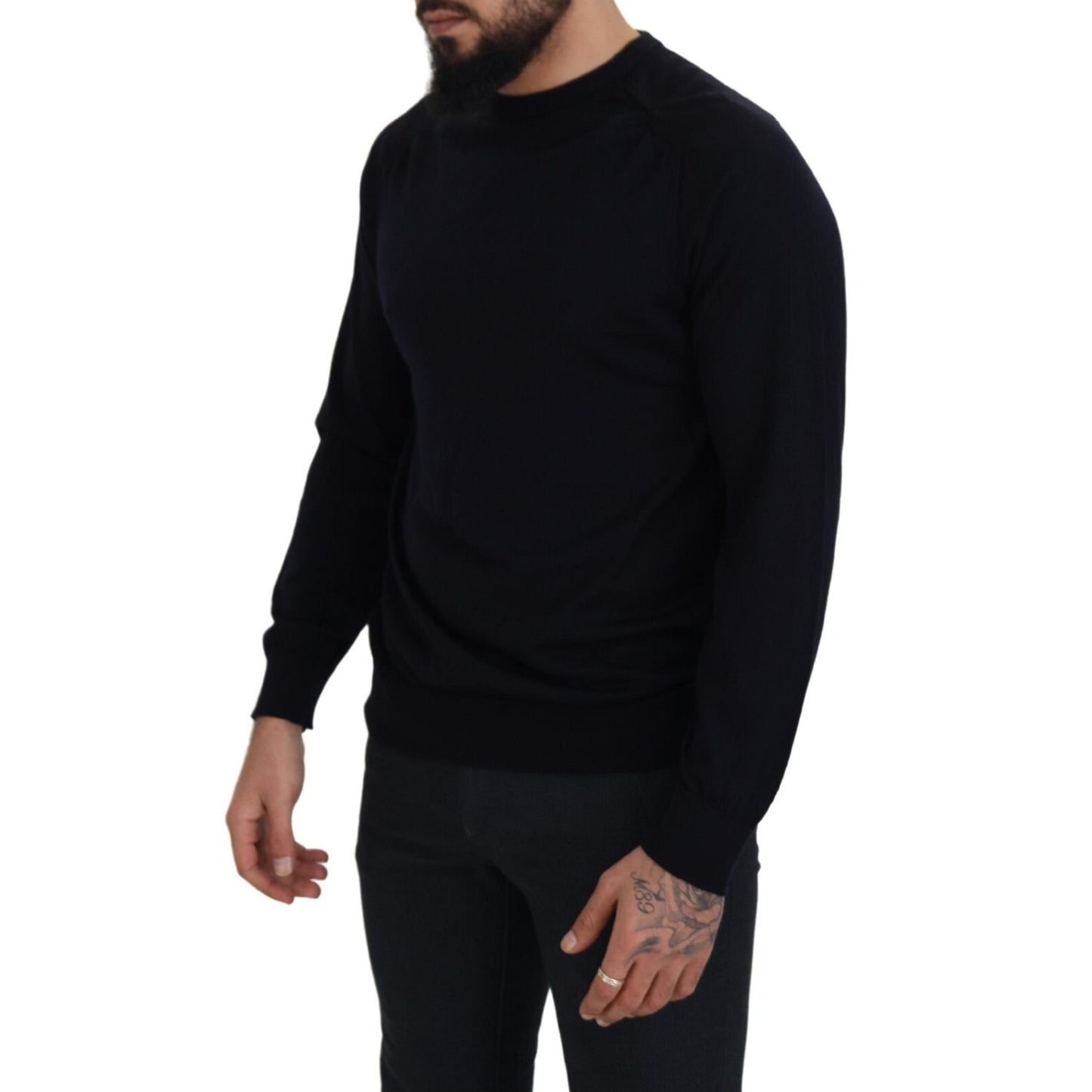 Alpha Studio Black Wool Crewneck Pullover Sweatshirt Sweater