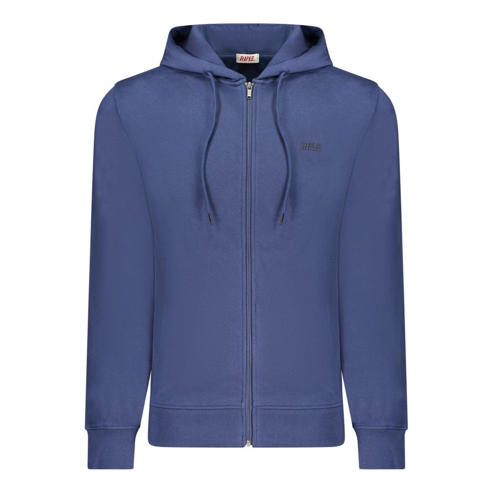 Rifle Blue Cotton Men Sweater with hood, logo, full zip, and embossed print, showcasing sophisticated casual luxury.