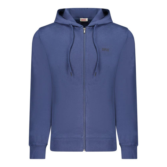Rifle Blue Cotton Men Sweater with hood, logo, full zip, and embossed print, showcasing sophisticated casual luxury.