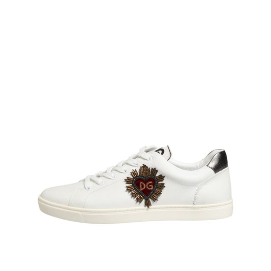 Dolce & Gabbana White Leather Heart Embellished Sneakers Shoes, premium Italian-crafted low-top footwear, luxury fashion design.