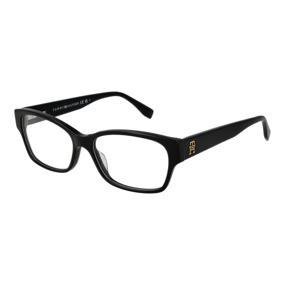 Tommy Hilfiger Black Acetate Glasses (Frames) for women, full-rim rectangle style with demo lenses, includes branded case.