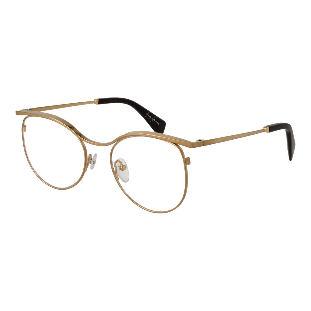 Yohji Yamamoto Gold Metal Glasses (Frames) for women, round style, full-rim, gold frame, demo lenses, size 53-18-145, in branded case.