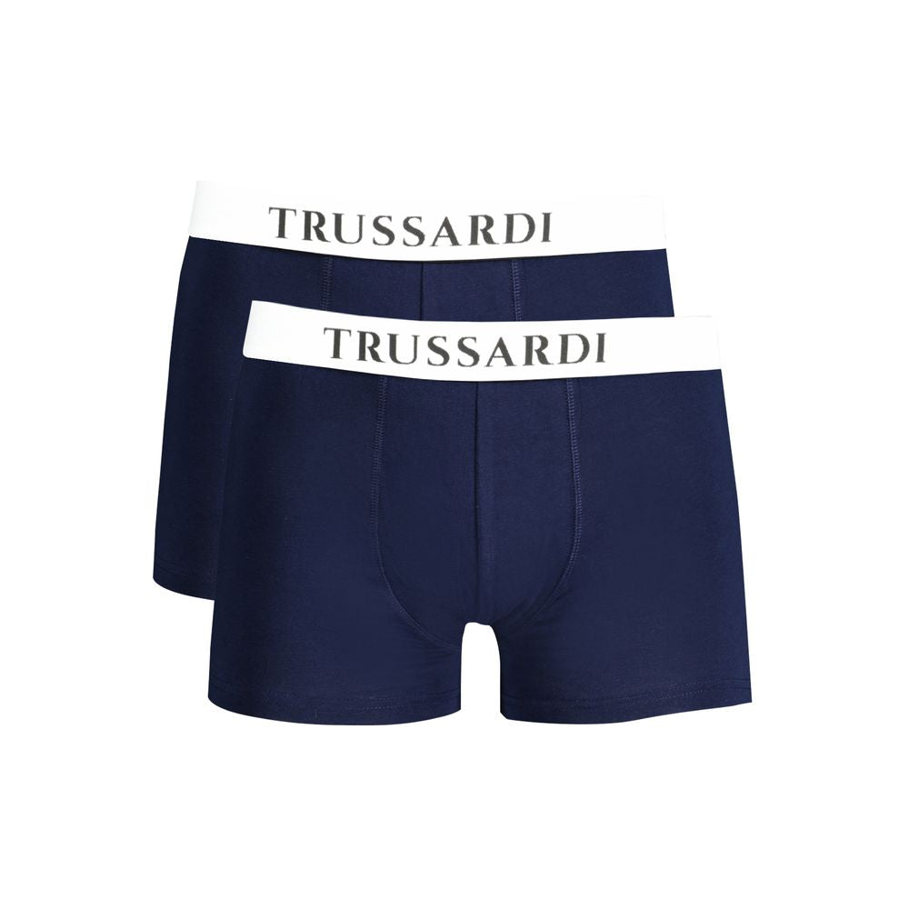 Trussardi Blue Cotton Underwear bi-pack with elastic waist and logo print. Image of basic boxer parts. High-quality comfort.