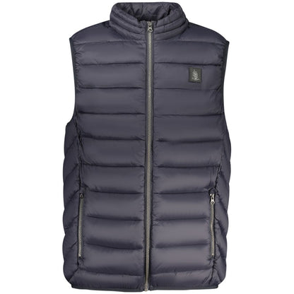Marina Yachting Blue Polyamide Men Jacket featuring sleeveless design with chic appliqué and practical pockets.
