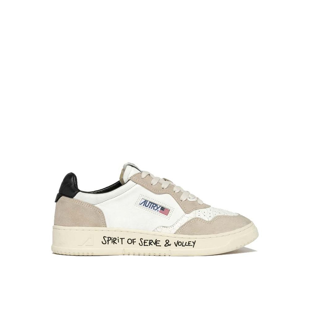 Autry White Goatskin Low Top Sneakers with embroidered logo, lace-up fastening, and suede detail on white rubber sole. Made in Indonesia.