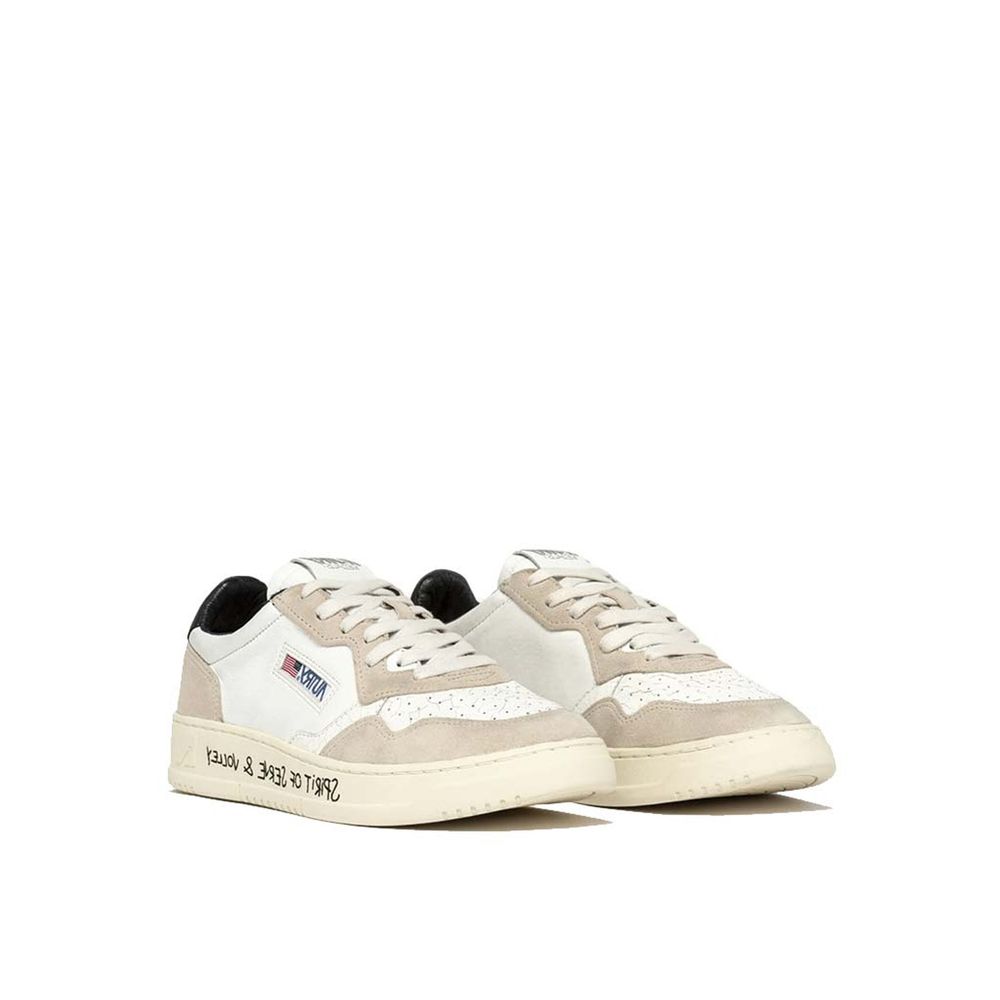 Autry White Goatskin Low Top Sneakers - men's leather shoes with rubber sole, suede detail, and embroidered logo. Made in Indonesia.