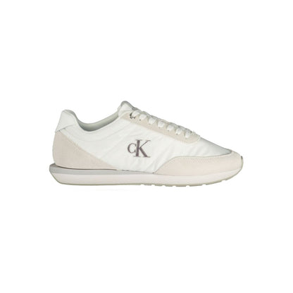 Calvin Klein White Polyester Men Sneaker with grey accents, removable footbed, and iconic logo embroidery.