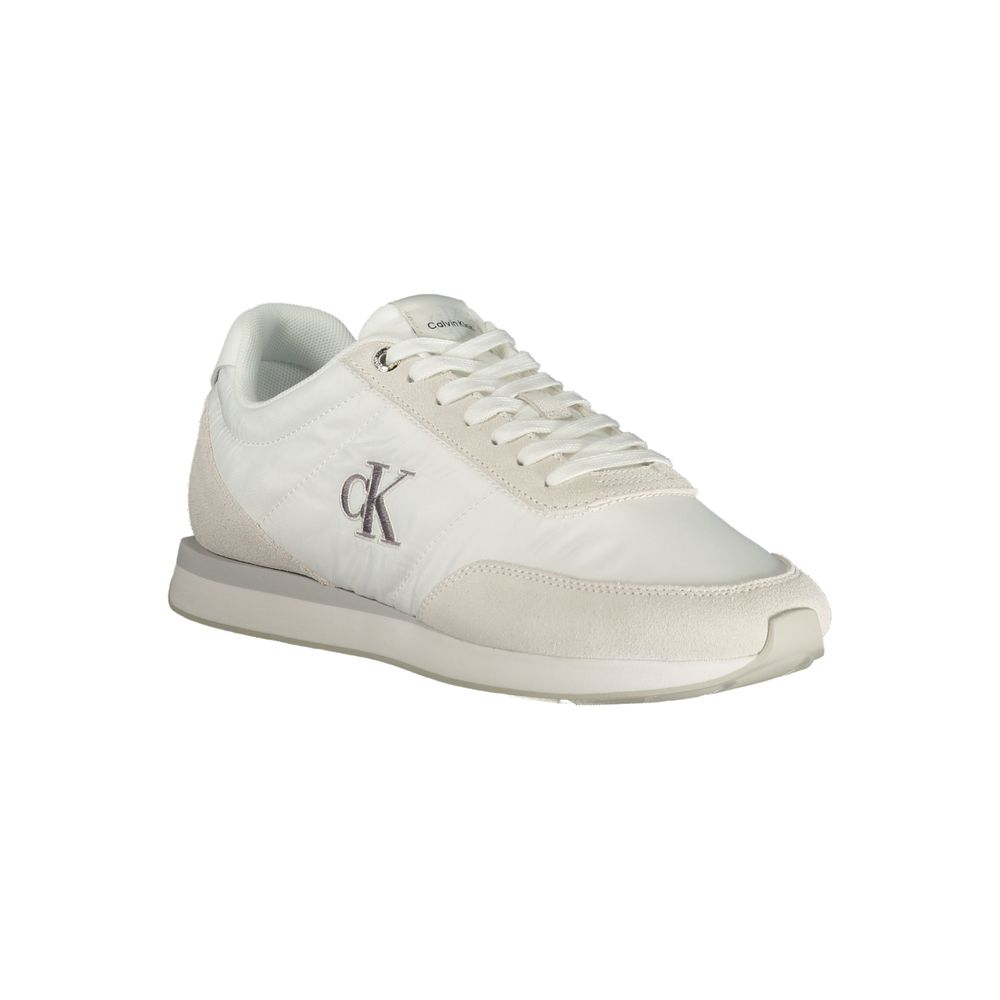 Calvin Klein White Polyester Men Sneaker with grey accents and embroidered logo, featuring removable footbed for comfort.