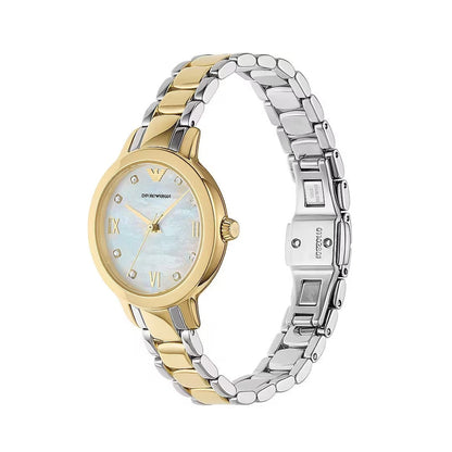 EMPORIO ARMANI Mod. MIA lady's wristwatch, stainless steel, 32mm case, mother of pearl dial, quartz movement, water resistant, official packaging.