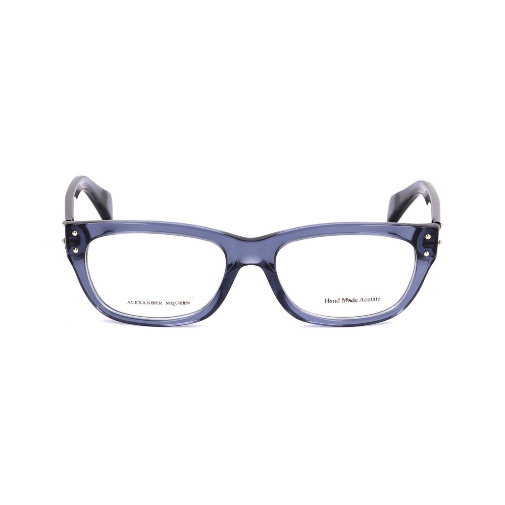 Alexander McQueen Blue Acetate Frames, unisex style with transparent blue design, lens measures 52mm, bridge 17mm, temple 140mm