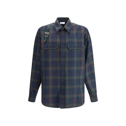 Alexander McQueen Green Polyester Pattern Shirt with tartan design and buckle detail, featuring button closure and chest patch pockets.