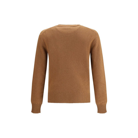 Back view of Ami Paris Ami De Coeur Sweater in camel color showing ribbed crew neck and cuffs, made from wool and cashmere.