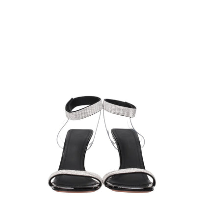 Amina Muaddi Black Crystals Stiletto Heel Sandals with suede straps and leather sole, featuring rhinestones and open toe design.