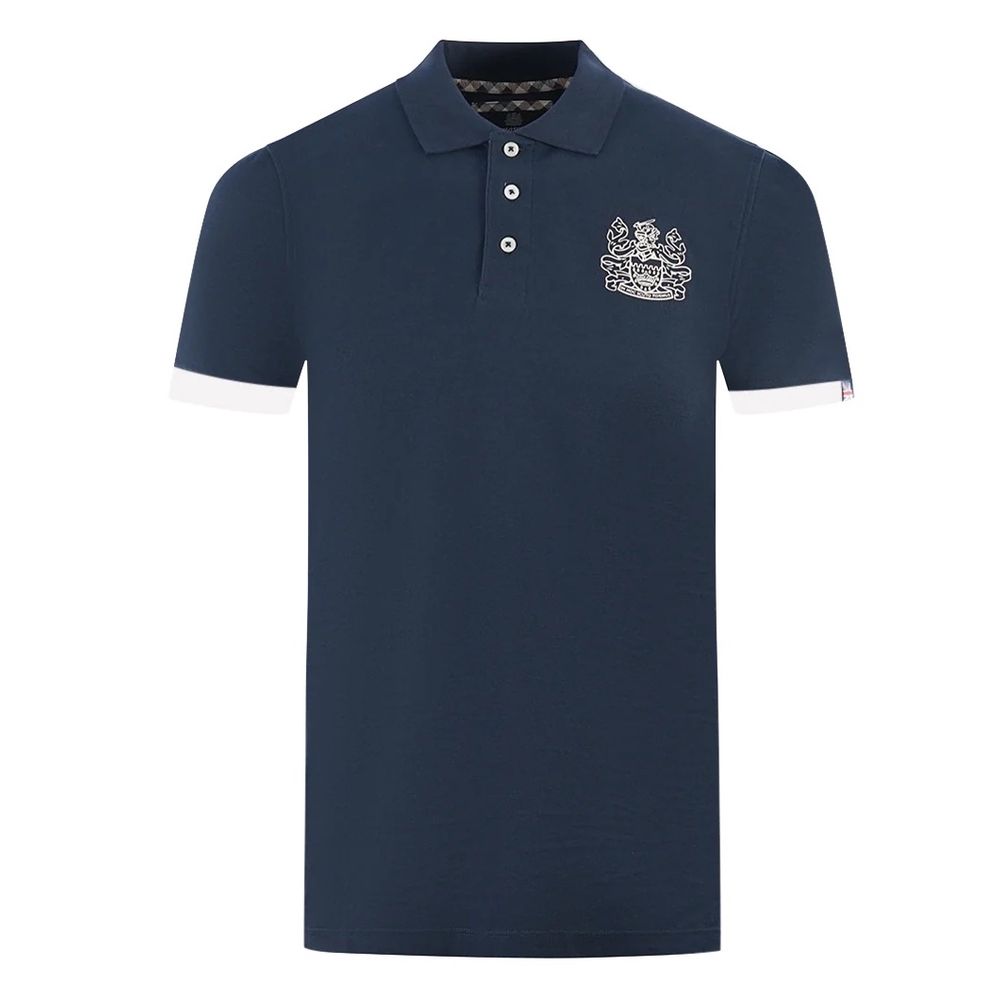 Aquascutum Blue Cotton Polo Shirt with contrasting front logo, logo in collar, and three-button design.
