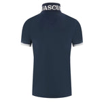 Aquascutum Blue Cotton Polo Shirt with contrasting logo on collar and three buttons, back view.
